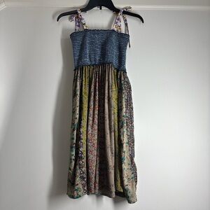 Young Threads Patchwork Smocked Mini Dress Tie Shoulders Boho Floral Size S NWT